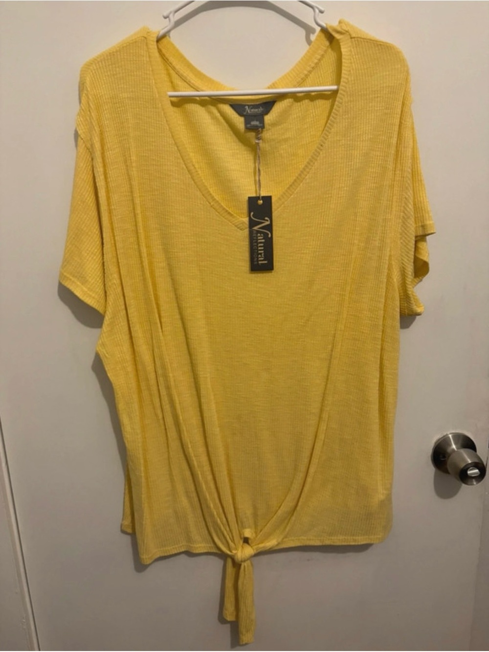 Natural Reflections Yellow V-Neck Tie-Hem Ribbed Top